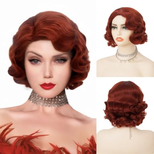 Salaibs Damen Rot Finger Wave Perücke Braun Rot 1920er Jahre Kurze Lockige Perücken Synthetische Faser 30er Jahre Disco Kostüm Haar Perücke für Cosplay Halloween Gebrauch