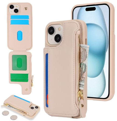 SailorTech for iPhone 15 Plus Phone Case with Credit Card Holder for Men, iPhone 15 Plus Case with Credit Card Slots Wallet Zipper Case for Women - Apricot