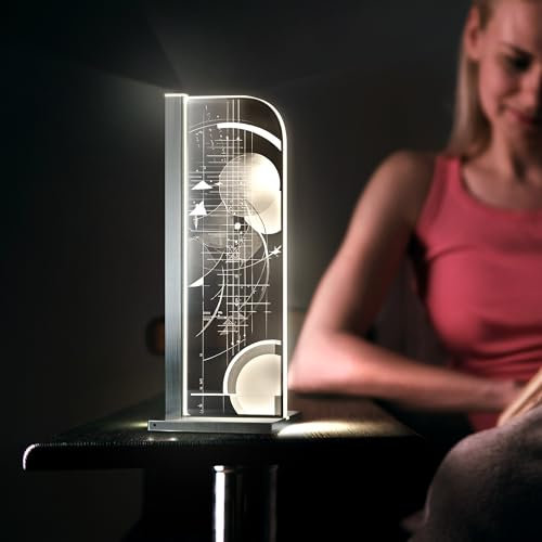 Luverre Tischlampe | LED-Leuchte | Glas-Leuchte mit Gravur für Nachttisch, Kommode, Wohnzimmer | Kunst, Bauhaus, Geometrie (Mathematical Elegance, Rechteck | silber)