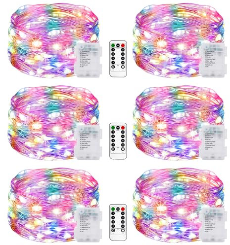 litogo 6 Stück Lichterkette Batterie, 5M 50 LED Lichterkette Batterie mit Timer & Fernbedienung 8 Modi Wasserdicht Lichterkette Draht für Innen/Außen Weihnachten Garten Party Hochzeit Deko,Bunt