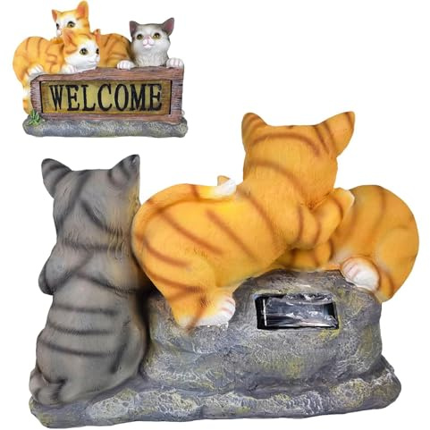 Luckxing Katzen-Solarleuchten für den Außenbereich, Katzen-Solarleuchte - Kunstharz-Ornamente mit Willkommensschild, Solar-Gartenleuchte für den Außenbereich - Kätzchen-Tierstatue, Solar-Katzenlampe,