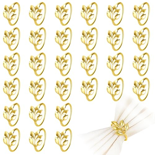 SITAKEGS Gold Leaf Napkin Rings Set 30 Pcs Metal Serviette Ring Holders | Table Setting Decorations Serviette Ring Buckles, Cloth Napkin Holders for Wedding Thanksgiving Christmas Dinner Party