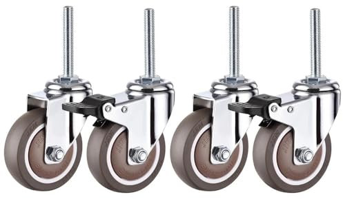 4 Stück Lenkrollen aus Gummi, Industrierollen, M12 x 60 mm, Gewindeschaft, Feststellrollen for Möbel, Regalwagen(Type 1,4 inch)