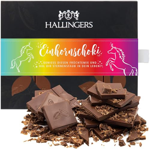 Hallingers Einhorn-Schoki - Vollmilch Edel-Schokolade mit Mango & Vanille - handmade, alkoholfrei (Box) - Geschenk im Sommer & als perfektes Grillgeschenk | Geburtstag Glückwunsch Jahrestag Freundscha