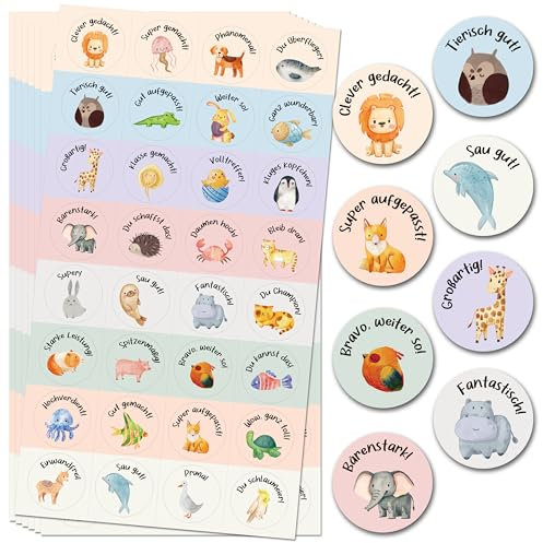 BIROYAL 1600 Stück Tier Belohnungssticker, Lehrerbedarf, 25mm Belohnungsaufkleber Kinder, 32 Muster Motivationsaufkleber, Selbstklebende Belohnungsaufkleber für Lehrer, Sticker Lehrer