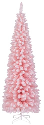 GYMAX 180 cm Künstlicher Weihnachtsbaum rosa, schlanker Tannenbaum mit 460 üppigen PVC-Zweigen & faltbarem Metallständer, Bleistift-Weihnachtsbaum für Weihnachtsdekorationen