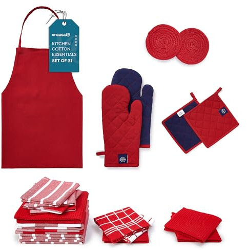 Encasa XO Kitchen Towels and Dishcloths Sets |21 Pcs Apartment Essentials Set | Oven Mitts and Pot Holders with Hanging Loop | Cooking Apron, Dish Cloth, Flour Sack and Coasters Red Combo