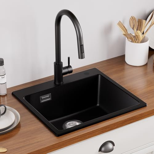 Auralum Spüle mit Armatur Set, Granit Spülbecken Schwarz 50 x 45 cm + Edelsathal Wasserhahn Küche Ausziehbar