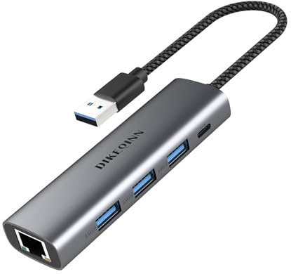 DIKEQINN USB A to 3 USB-A 3.0 Ports, with USB C Power Port, Ethernet Adapter 10 100 1000 Gigabit Network Converter for MacBook Pro/Air, iMac, Thinkpad, HP, Dell Pro 13 Premium,Surface Book 3 (USB-A)
