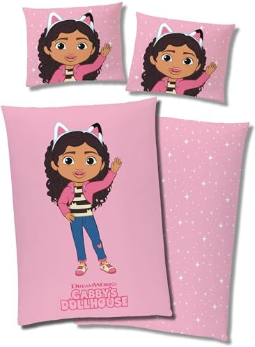 Gabby's Dollhouse Kinder-Bettwäsche-Set Rosa und Pink - 135 x 200 cm + 80 x 80 cm - Superweiche Flanell-Qualität - Wendebettwäsche für Mädchen, Bettzeug, Bettbezug, Fanartikel - Deutsche Größe