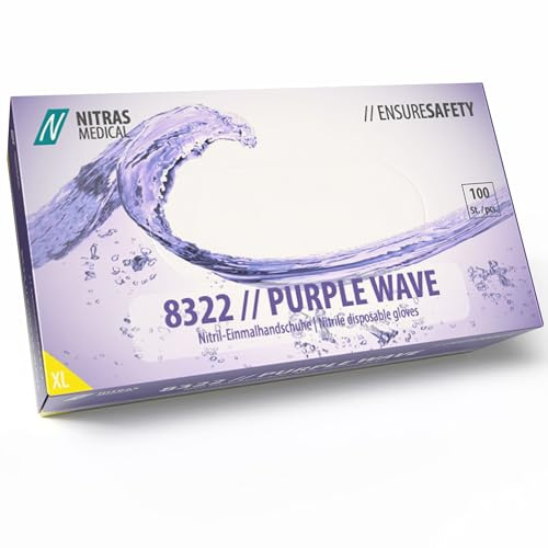 Nitras 8322 PURPLE WAVE puderfreie, unsterile, medizinische, lebensmittelgeeignete Nitril-Einmalhandschuhe Farbe lila, 100 Stück im Spenderkarton (XL)