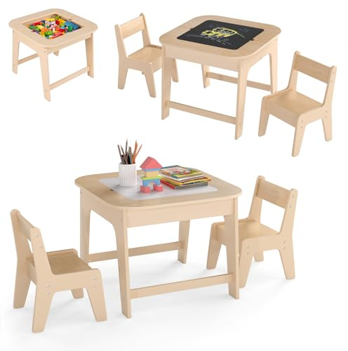 LIFEZEAL Kindertisch mit 2 Stühlen, Kindersitzgruppe mit Doppelseitiger Maltisch & Stauraum, Kinder Tisch Stuhl Set, Kindermöbel aus Holz für Kinderzimmer & Kindergärten (Natur)