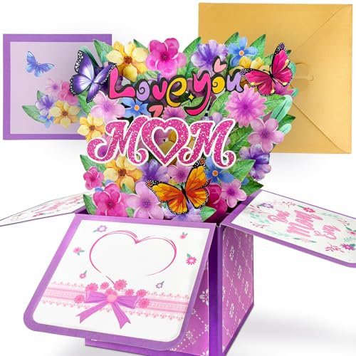 YianHien Geburtstagskarte Mama, Edle Lila Blumen und Schmetterlinge 3D Pop Up Karte Geburtstag für Mama, Handgemachte Pop Up Muttertag Karte mit Umschlag, Geburtstagsgeschenk für Mama, Love You Mom