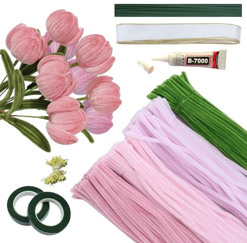 Mazzo di Fiori Rosa 30CM, Kit Fai da Te per Bouquet: 20 Steli Fiori, 400 Batuffoli per Lavapipig, Filo Artistico Verde, Carta Crespa da Fiorista, Nastro Regalo Decorazioni per Donne