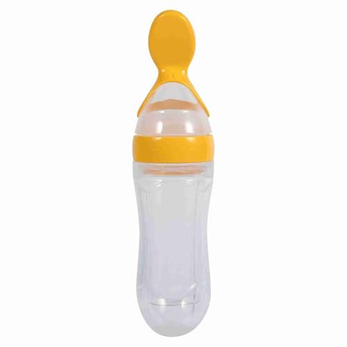 Botella de alimentación para niños de silicona con cuchara de alimentación fresca de cereal alimentador de cereales calientes 90 ml (Amarillo)