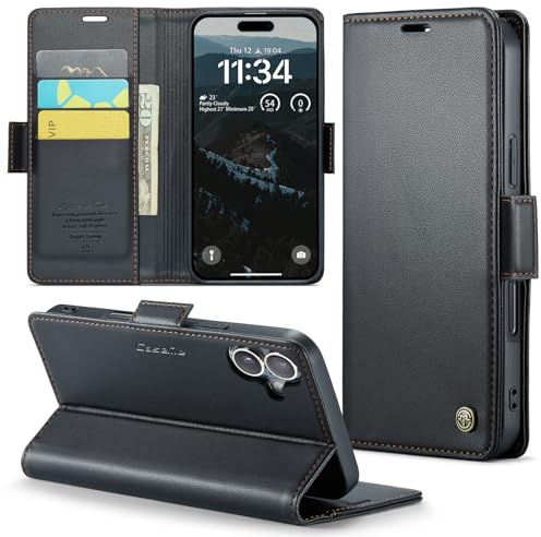 Rerzoiro for iPhone 16 Case 6.1 Inch, Premium PU Leather Wallet Case Flip Cover with [RFID Blocking][Card Holder][Stand Function] Shockproof Protective for iPhone 16, Black