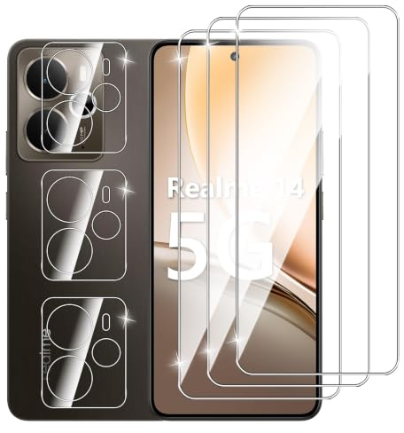 Dlxiks Protector de Pantalla para Realme 14 5G / Realme 14T 5G, 3 Cristal Vidrio Templado con 3 Protector de Lente de Cámara, Sin Burbujas, Antiarañazos, HD Transparente