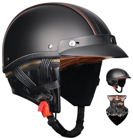Casco Moto Retrò,casco scooter omo,Caschi per Scooter Anni '60 - Modello 3/4 in Vera Pelle con Visiera, Certificato DOT/ECE - Stile Retrò Chiuso/Aperto - Unisex Uomo e Donna