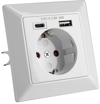 VGTECH Ladesteckdose Unterputz Weiß,1 x USB-A + USB-C 5VDC/2,8A 3680W Typ: Schuko Einbau Steckdose