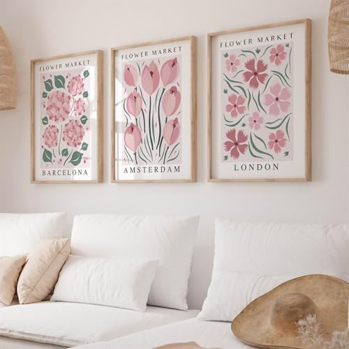 AQCQDQ 3er Premium Poster Set, Vintage Rosa Blumen Bilder, Moderne Wandbilder für Schlafzimmer Wohnzimmer Deko, Ohne Rahmen (50x70 cm)