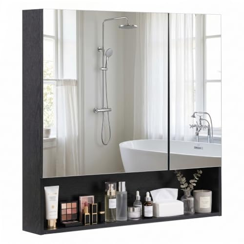 HollyHOME Bathroom Mirror Cabinets with Jewelry Organizer,2 Mirror Door Wall Mounted Toilet Storage Cupboard with Adjustable Shelf,62Wx14Dx65Hcm,Black