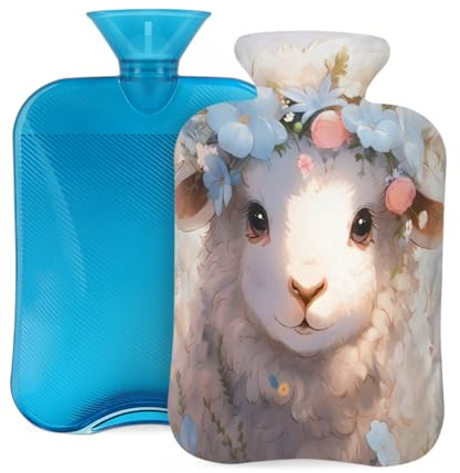 Wärmflasche mit weichem Bezug, Cartoon-Schaf mit Blumen, schöner Widder, 2 Liter Wärmbeutel zur Schmerzlinderung, Hand-Fußwärmer
