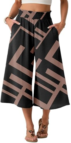 PrinStory Pantaloni estivi da donna, leggeri, a vita alta, casual, palazzo, a gamba larga, con tasche
