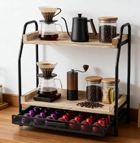 EVERGOODS Coffee Station Organizer with Coffee Pod Drawer, 2-Tier Kitchen Countertop Shelf, Wooden Coffee Bar & Tea Station with Capsule Holder for Nespresso & Dolce Gusto Pods