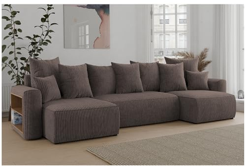 MEBLINI Schlafcouch mit Bettkasten - 312x142x73cm - Braun Cordstoff - Solaris - Ecksofa mit Schlaffunktion - Sofa mit Relaxfunktion und Kopfstützen - Couch U-Form - Eckcouch - Wohnlandschaft