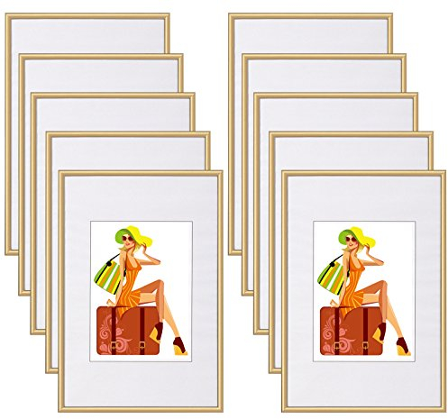 WOLTU Bilderrahmen 20x30 cm Set of 10 Fotorahmen aus Kunststoff mit Passepartout, Posterrahmen zum vertikalen oder horizontalen Aufhängen/Aufstellen, Collage Wanddeko, Gold
