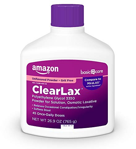 Amazon Basic Care ClearLax Polyethylene Glycol 3350 Powder for Solution, Osmotic Laxative, Relieves Occasional Constipation, Unflavored, 1.68 pound (Pack of 1)