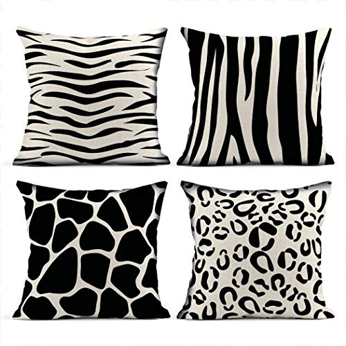 Heyqqo Set mit 4 Kissenbezügen, Leinen, verschiedene Tierdrucke, Tiger, Giraffe, Zebra, Kissenbezüge, quadratisch, weich, Heimdekoration, Design, Wurfkissenbezüge, Sofa, Schlafzimmer, 45,7 x 45,7 cm