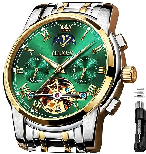OLEVS Herren-Armbanduhr, automatisch, mechanisch, luxuriös, wasserdicht, selbstaufziehend, Mondphasen-Chronograph, Edelstahl, leuchtendes Datum, Tourbillon-Armbanduhr für Herren, Grünes Zifferblatt