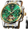 OLEVS Herren-Armbanduhr, automatisch, mechanisch, luxuriös, wasserdicht, selbstaufziehend, Mondphasen-Chronograph, Edelstahl, leuchtendes Datum, Tourbillon-Armbanduhr für Herren, Grünes Zifferblatt