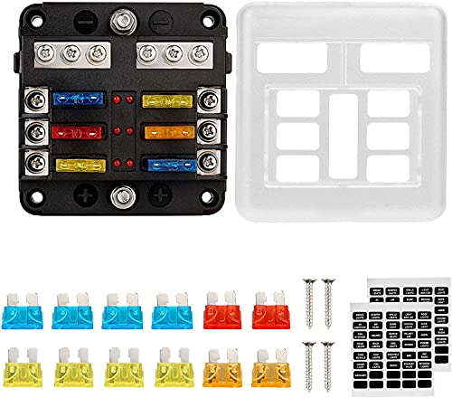 Geloo 6 Fach Sicherungshalter, Sicherungskasten kfz Standard Auto Sicherungen, Auto Sicherungsdose mit LED-Anzeige Schutzabdeckung für Auto, Boot, Marine, LKW, SUV, Yacht, RV