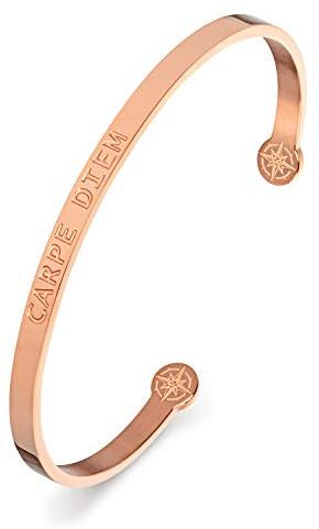 Kistanio Bracelet pour femme avec inscription gravée « Carpe Diem » en acier chirurgical, livré dans une pochette en velours, 3 couleurs disponibles : or rose, or, argent