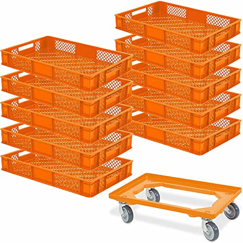 BRB 10 Eurobehälter LxBxH 600x400x90 mm, Industriequalität, lebensmittelecht + 1 Transportroller orange