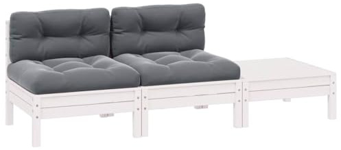 vidaXL Garten Lounge Set 3-TLG., Gartenmöbel Set Sitzgruppe für Garten Terrasse Balkon, Modular Sofa mit Kissen, Garnitur Loungemöbel, Weiß Kiefer Massivholz