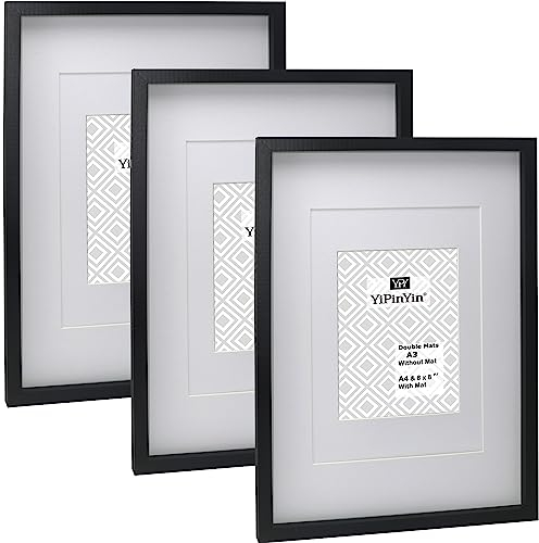 Black A3 Boxed Picture Frames Set of 3 with Mount for A4, A4 boxed photo frames for 3pack, Black A3 wooden Poster Frame with Mount for A4 Frames