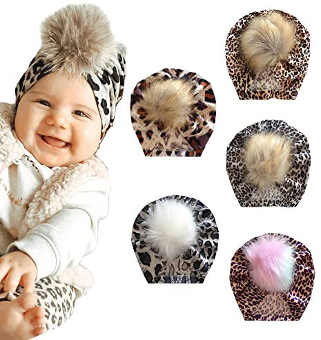 Nishine Baby Leopard Pelz Haarball Turban Beanies Hut Neugeborene Fluffy Pompom Hut Kinder Pom Schädel Cap