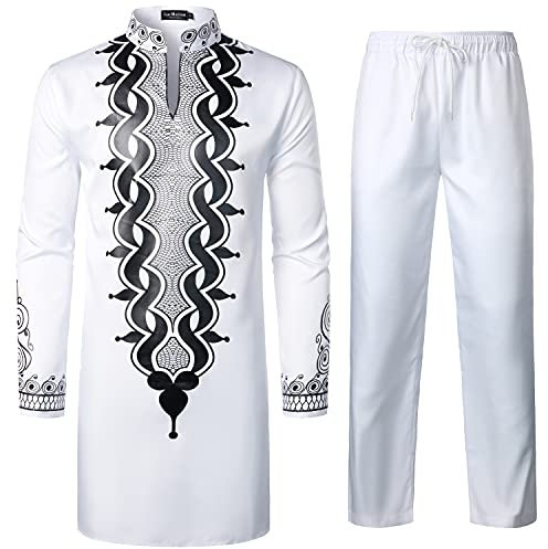 LucMatton Ensemble africain 2 pièces pour homme manches longues Imprimé Dashiki et pantalon Doré Costume traditionnel, Blanc et noir - B, XL