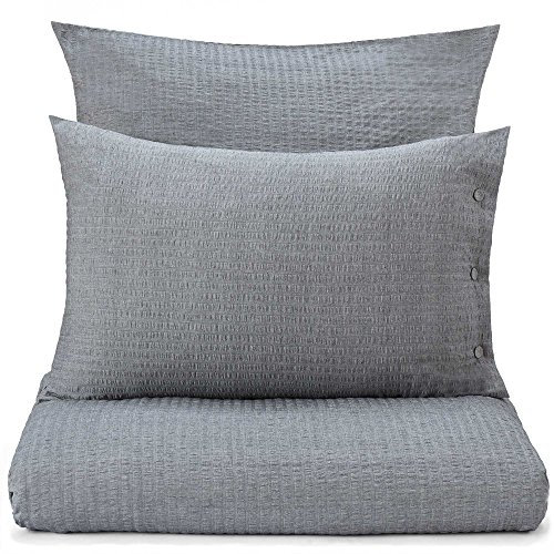 URBANARA Biancheria da letto in seersucker Ansei 80 x 80 cm, 100% cotone, semplice biancheria da letto, bottoni rivestiti in tessuto, federa per cuscino, colore grigio