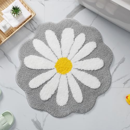 Niedliche Badematte, rosa Blumenteppich, Wasseraufnahme, rutschfeste Matte, weich, maschinenwaschbar, Matte für Schlafzimmer, Küche, Badezimmer, WC-Böden, 65 x 65 cm, Grau