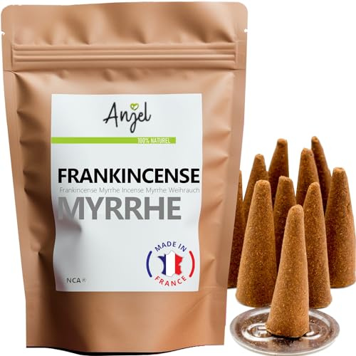 10 Räucherkegel, Duft Frankincense & Myrrhe, Räucherkegel, 100% natürlich, Entspannung, Meditation, Reinigung + Räuchergefäß gratis NCA