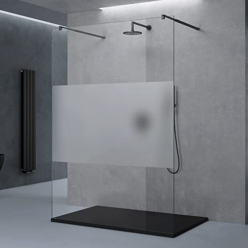 doporro Box Doccia Walk-In 150x200cm, Parete Doccia Anticalcare in Vetro Parzialmente Smerigliato 8mm con Bracci Sostegni Telescopici in Acciaio MMBR3 Nero