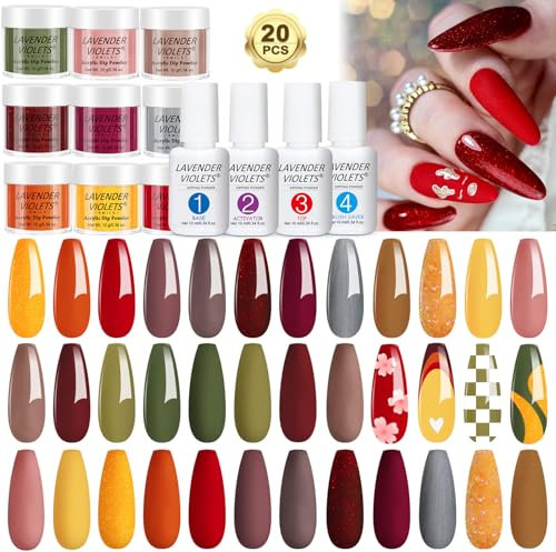 Lavender Violets 20 Pcs Dip-Powder-Nail Kit Forest Green Red Yellow Orange Chocolate Nail Dipping Powder Set with Base Activator Top Brush Saver Manicure 967