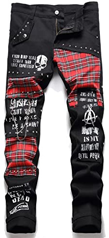 Bysonglezai Jeans Herren Jeanshosen Hose Freizeithose Mode Rot Plaid Patchwork Punk Niet Männer Dünne Jeans Hose Schädel Buchstaben Drucken Hip Hop Kette Denim Hosen 3XL Schwarz