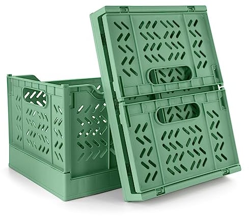 Volein 2 Pcs Collapsible Storage Boxes Stackable Plastic Storage Crates Large Foldable Baskets Collapsible Crates for Kitchen, Living Room, Bedroom(Green)
