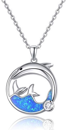 REDSUN Delphin Halskette für Frauen 925 Sterling Silber Ozean Welle Anhänger Tier Halskette Blau Opal Halskette Ozean Schmuck Geschenke für Frauen Mädchen Geburtstag Weihnachten Geschenke