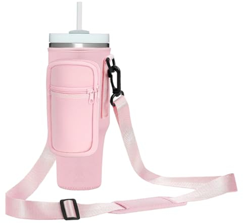 momocici Cup Holder Carrier Bag with Strap and Pouch for Stanley Quencher 30oz Tumbler. Cup Crossbody Holder Bag Compatible with Stanley Cup for Hiking Travelling Camping.(Rose Quartz)